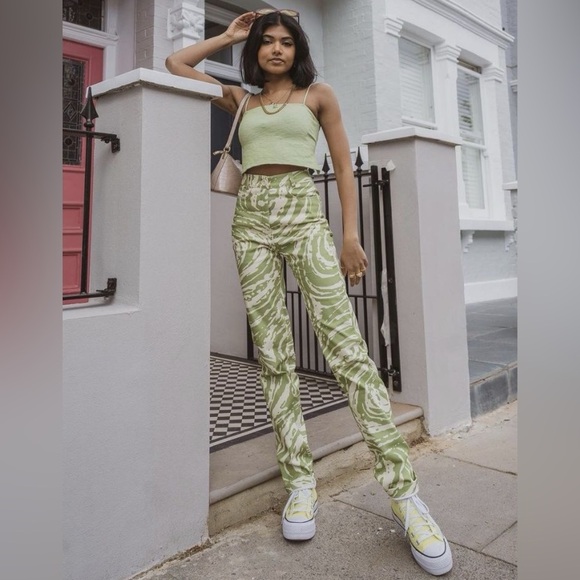 Vatka Lokum High Rise Straight Leg Pants Green Print Kendall Jenner